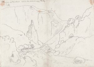 垂直岩の背後にあるヴォクリューズの噴水 作： John Robert Cozens
