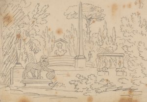 庭のオベリスクと彫像 作： John Robert Cozens