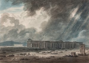 サレルノ近郊のパエストゥム遺跡：3つの神殿 1792年頃 （紙に水彩、インク、鉛筆）