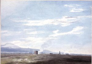 ローマ近郊のカンパーニャにある墓碑、1783年頃（紙に鉛筆で水彩） 作： John Robert Cozens