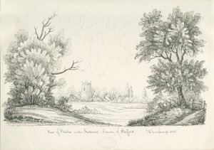 ニードウッド村の下のバートン：ペンとインクの描画、1836年 作： John Robert Fernyhough