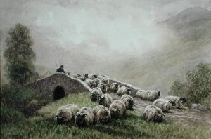ハイランドブリッジと羊飼いと群れ（水彩・紙） 作： John Robert Keitley Duff