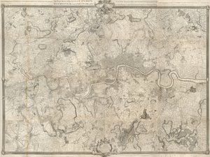 18世紀のロンドンの地図。 1741 年に開始され、1745 年に終了した、ロンドンの都市、ウェストミンスターとサザークの自治区、および周囲 10 マイル近くの国に関する正確な調査 / ジョン・ロックの土地測量士およびリチャード・パーによる (刻印)。