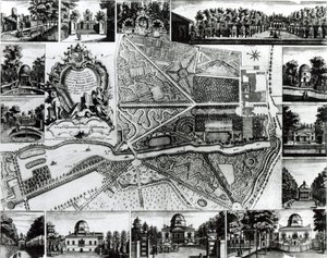 テムズ川沿いのチズウィックでの庭園の計画と住宅の眺め 作： John Rocque