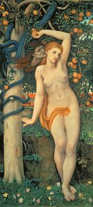 誘惑されるイヴ 1877年頃（パネルにテンペラ） 作： John Roddam Spencer Stanhope
