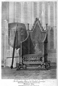 イギリスの主権者の戴冠式の椅子、ウェストミンスター寺院、ロンドン、1810年。 作： John Roffe