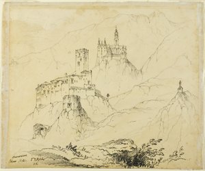 チロル地方、マルス近郊の要塞（レクト）；レンツブルクの城（裏面） 作： John Ruskin