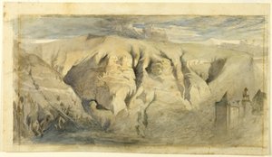 モン・サレーヴ、1840年頃（クリーム色の布帛紙に黒鉛の上に水彩、クリーム色の布帛紙に敷く） 作： John Ruskin