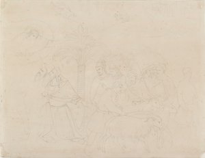 「ヨブの友」のフレスコ画の一部の鉛筆の輪郭、1845 年 作： John Ruskin