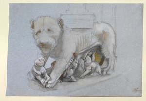 1870年6月、ニコラピサーノのシエナの説教壇からの雌ライオンとカブスのスケッチ（青灰色の織り紙のグラファイト上の水彩画と体色） 作： John Ruskin