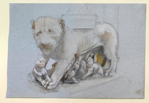 1870 年 6 月、ニコラ ピサーノのシエナ説教壇から雌ライオンと子グマのスケッチ 作： John Ruskin