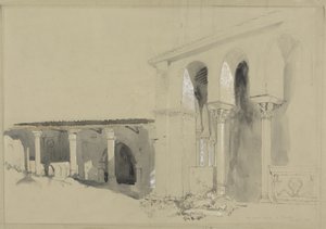 トルチェッロの大広場、1850年（ペン、インク、グラファイトの上に茶色の織り紙の上にガッシュを塗って洗う） 作： John Ruskin