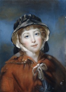 弓と黒いボンネットで結ばれた赤いケープの少女の肖像、バストの長さ、 作： John Russell