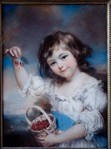 さくらんぼのバスケットの中の少女の肖像」 ジョン・ラッセル（1745-1806）の絵画 19世紀 作： John Russell