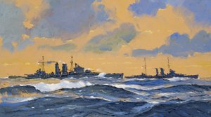 イギリスの巡洋艦HMSエクセターとHMSヨーク（紙にグワッシュ） 作： ジョン・S・スミス