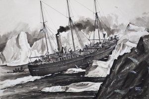 氷を突き破って北極点を目指すルーズベルト号（紙にガッシュ） 作： ジョン・S・スミス