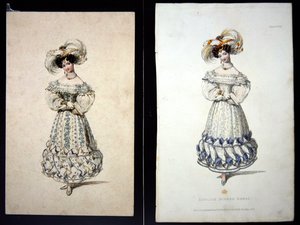 ファッション・プレートのスケッチとプリント、1829年頃（紙に鉛筆と水彩、手彩色のエングレーヴィング） 作： John Samuel Agar