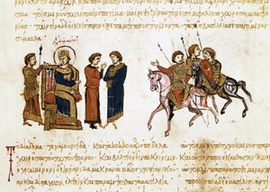 ビザンチン皇帝レオン 5 世アルメニア人 (775-820) の戴冠式、「Synopsis historiarum」のミニチュア、c.1126-1150