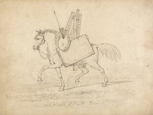 アーティストの道具を積んだ馬が左に歩いている（紙にグラファイト） 作： John Sell Cotman