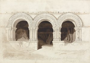 ノルマンディー、ルーアン近郊のセントジョージドボッシャービル回廊の西側にあるアーチ、1818年頃（グラファイト、茶色のウォッシュ、カードの紙にペンとインク）（172543を参照） 作： John Sell Cotman