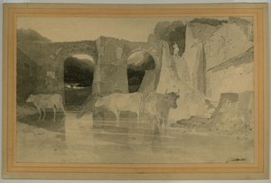 橋と牛」1803-04年頃（紙に鉛筆と水彩画 作： John Sell Cotman