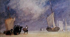 干潮時に船を降ろす岸辺の人々」（紙にペン・茶インク・水彩） 作： John Sell Cotman