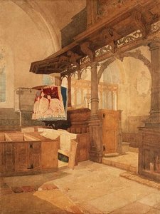 トレンサム教会の内部、スタッフォードシャー、1808年頃（水彩・紙 作： John Sell Cotman