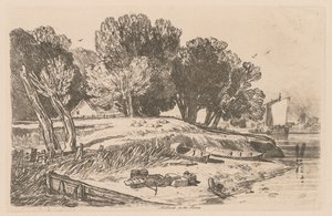 Liber Studiorum: プレート 8、テムズ川沿いのミルバンク 作： John Sell Cotman