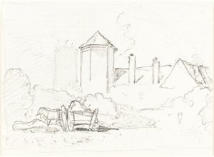 手前にカートと馬がいる建物のスケッチ 作： John Sell Cotman