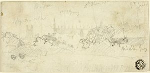 大聖堂のある風景のスケッチ 作： John Sell Cotman