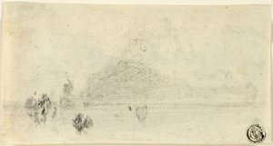 モン・サン・ミッシェルのスケッチ（直腸）; 水辺の建物 (裏面) 作： John Sell Cotman