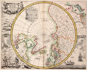 北極圏が描かれた北極投影図、1680年頃（彩色済みエングレーヴィング） 作： John Seller