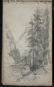 木々のある山の風景、1871-72年（暗くオフホワイトの紙の上に黒鉛を塗ったもの） 作： John Singer Sargent