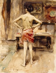 モデル、1876年（織紙上のグラファイト鉛筆の上にトイレ） 作： John Singer Sargent