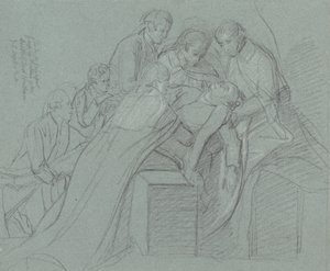 チャタム伯爵の中央グループのための調査（黒いチョーク、青い紙に白で強調） 作： John Singleton Copley