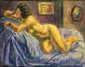 ヌード・オン・ブルー（油彩・パネル） 作： John Sloan