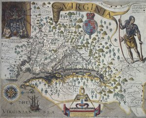 バージニア州の地図: ジョン・スミス (1580-1631) 作のインディアン酋長ポウハタンの小屋の内部を示す差し込み図 (左上) 作： John Smith