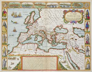 「世界の最も有名な部分の展望」からのローマ帝国の新しい地図、パブ。バセットウントチスウェル作、1676年（手彩色の版画）