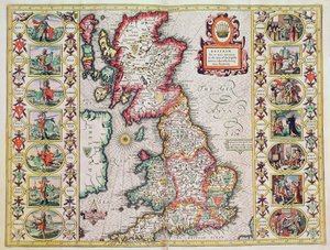 イギリスのサクソン人のタイムで特にヘプタキアの間に分割されたイギリス（手彩色の銅版画） 作： John Speed