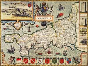 パブ「イギリス帝国の劇場」からコーンウォールの地図。ジョージハンブルによるロンドンでの1627年版（手描きの彫刻）