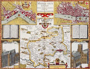スピードの「イギリス帝国劇場」、1611-12からロンドンとウェストミンスターの最も有名な都市で描かれたミドルセックス、1611-12（手塗りの銅の彫刻） 作： John Speed