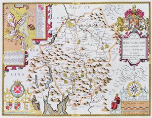 ウェストモーランド郡、ジョドカスホンディウス（1563-1612）によって刻まれた、イギリス帝国のジョンスピードシアターのパブ。ジョン・サドベリーとジョージ・ハンブル、1611-12（手彩色の銅エングラ） 作： John Speed