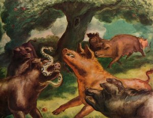 「ガラガラヘビを殺す豚」、1930 作： John Steuart Curry