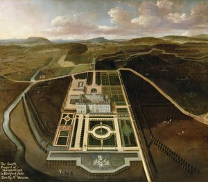 ハンプトンコートの南展望、ヘレフォードシャー、c.1705 作： John Stevens