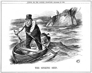 (Stephanus Johannes) Paulus Kruger (1825-1904) Oom Paulとして知られる。南アフリカの政治家。第二次ボーア戦争（1899-1900）では、ゲリラ戦に対応できないほど高齢で体調を崩し、オランダに亡命した。ジョン・テニエルの漫画、「パンチ」より