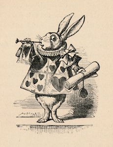 1889年の発表のためにトランペットを吹く裁判所の役人としてのウサギ 作： John Tenniel