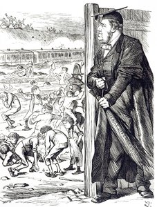内務大臣だったウィリアム・バーノン・ハーコート（1827-1904）が、少年犯罪者の勾留の代わりに樺太の導入を推奨した様子を描いた漫画。絵を描いたのはジョン・テニエル（1820-1914）で、イギリスのイラストレーターであり、グラフィック・ユーモア作家でもあります。 作： John Tenniel
