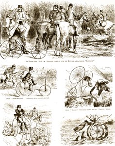 三輪車に乗って狩りをしている男を描いた漫画。ジョン・テニエル（1820-1914）が描いたもので、イギリスのイラストレーター、グラフィック・ユーモリスト、政治漫画家である。 作： John Tenniel