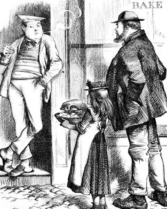 焙煎用の食材を地元のパン屋さんに持って行って調理してもらう父と娘 作： John Tenniel