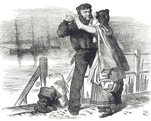イギリスの政治家であり社会改革者であるサミュエル・プリムソル（1824-1898）が、ダービー議員時代に商船の積載量や耐航性を規制する法案を提出したことに敬意を表して、船員からの賛辞が寄せられました。 作： John Tenniel